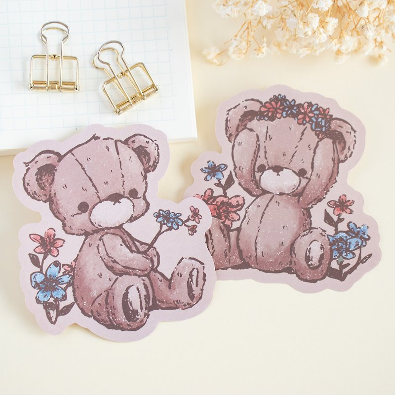 Die-cut memo - Teddy bears in the flower garden (bear) - กระดาษโน้ต - กระดาษ สีนำ้ตาล