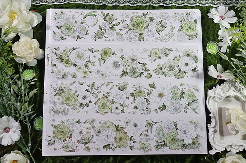 整卷 OKMT新七天原創流麻咕卡貼紙PET手帳膠帶貝殼光工藝 綠芙朵 - 紙膠帶/和紙/PET - 塑膠 綠色