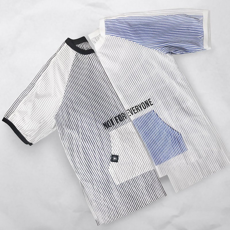 Goody Bag - Unisex Elbow-length Sleeves Stripe Shirt - เสื้อเชิ้ตผู้หญิง - ผ้าฝ้าย/ผ้าลินิน สีน้ำเงิน