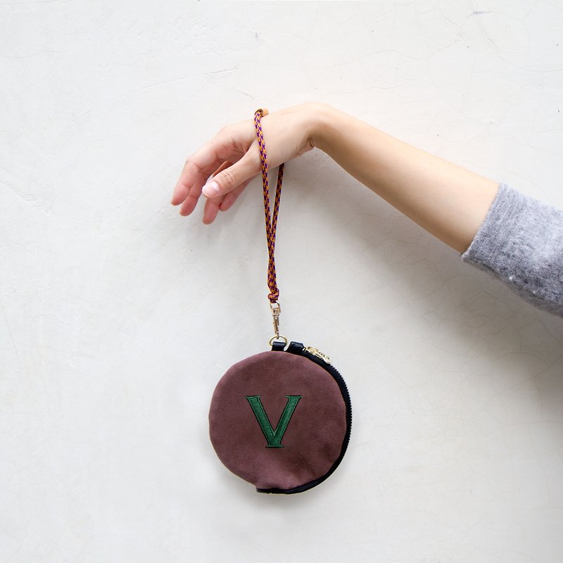 Burgundy green alphabet V embroidered holder purse, with halter&wrist strap - ID & Badge Holders - Polyester Red