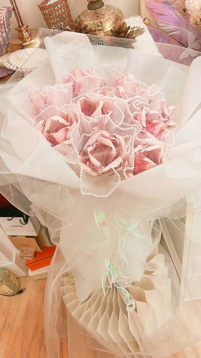 玫瑰花有錢花束.捧花求婚.生日.驚喜.儀式感.生日.求婚.成年禮 - 乾燥花/永生花 - 植物．花 白色