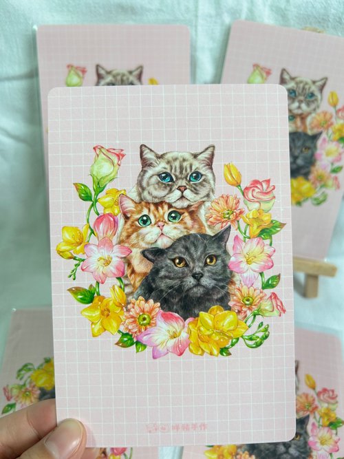 咩豬文創 手繪水彩三貓疊疊明信片postcard