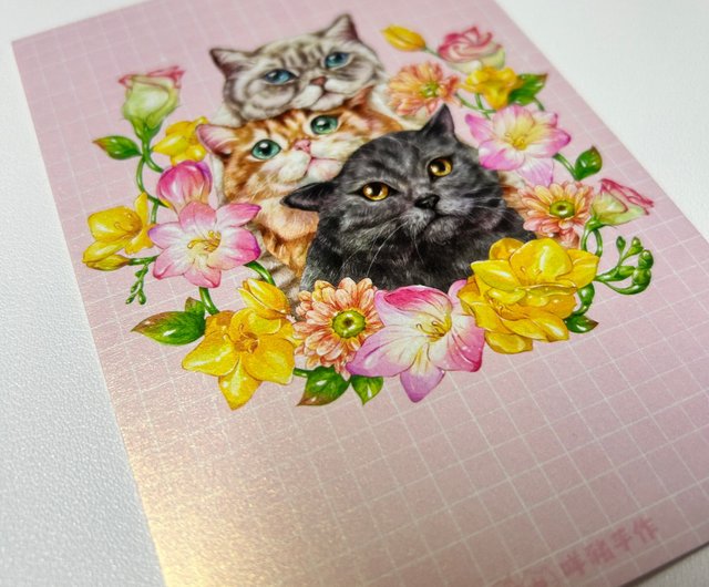 手描きの水彩画、3匹の猫が積み重なったポストカード - ショップ