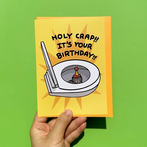 pinghattastudio Greeting Card - Holy Crap It's Your Birthday funny toilet poop Cat Card