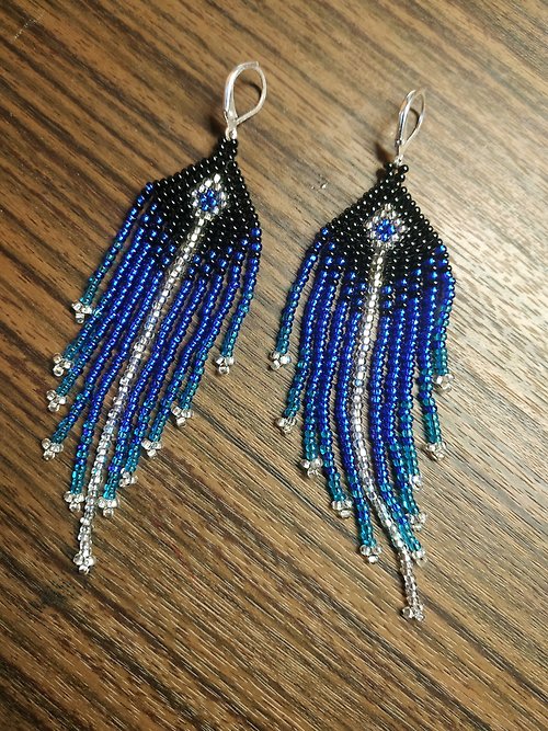White Bird gallery of exquisite jewelry from Halyna Nalyvaiko Small blue gold boho beaded ombre earrings for women Blue silver beaded earrings