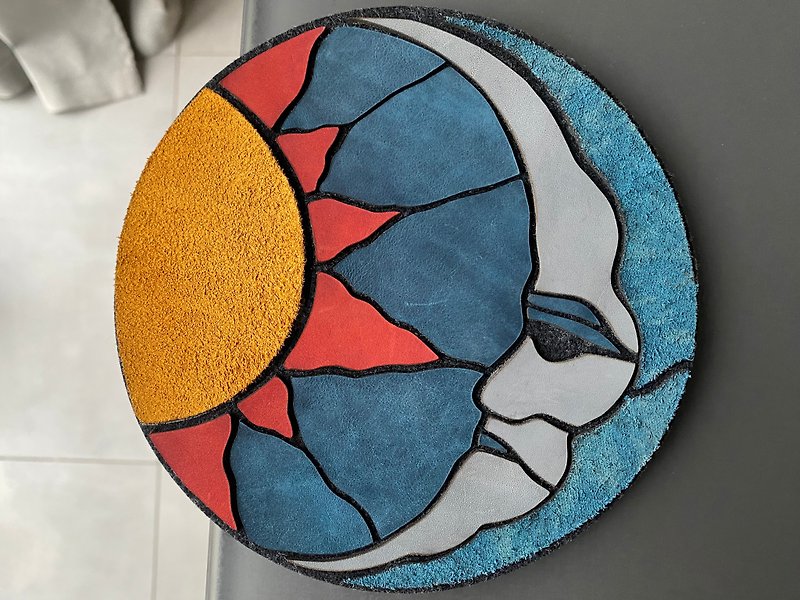 moon and sun mosaic leather mat; mosaic desk blotter; leather pad; patchwork; - Other - Genuine Leather Multicolor