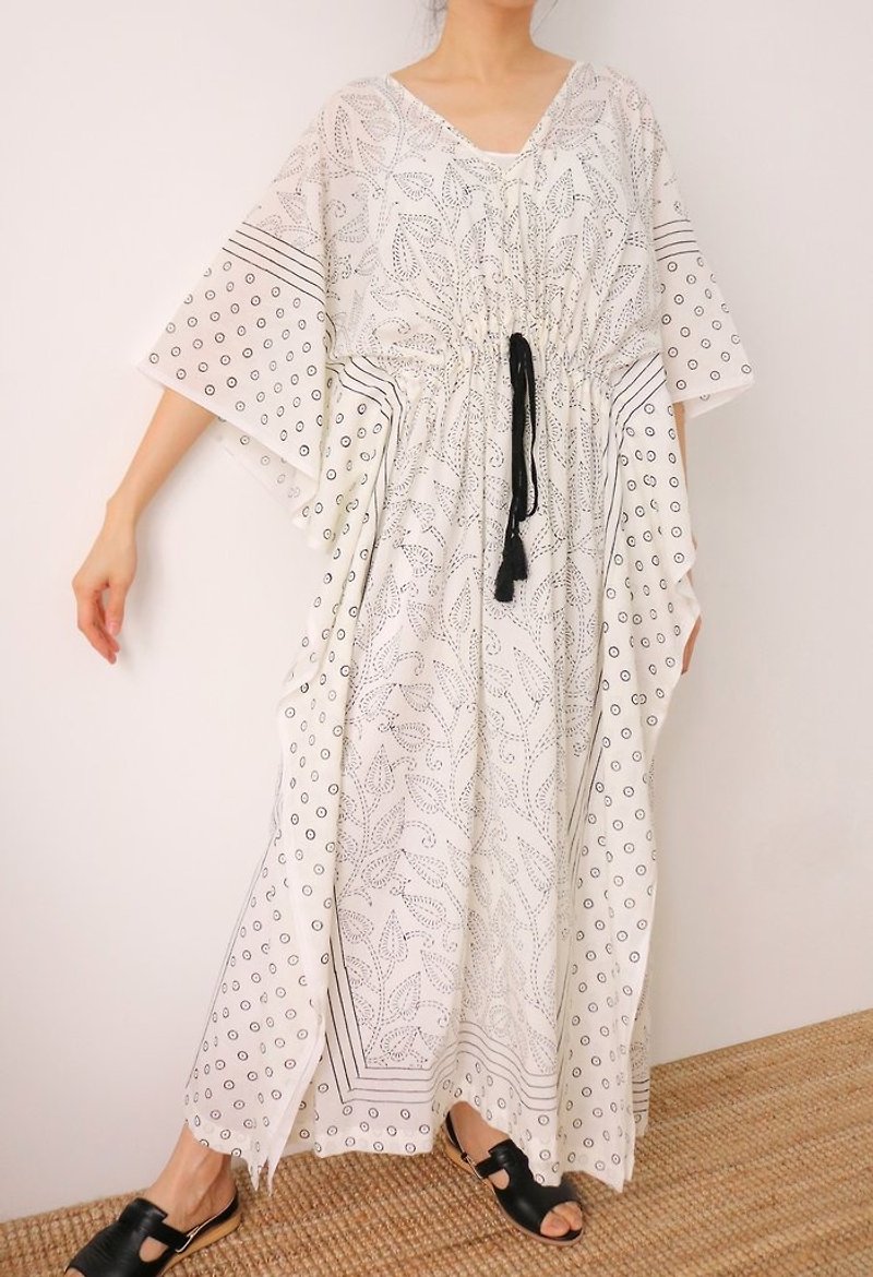 Playa Dress (Limited Edition) Indian Hand-Drawn Printed Blouse Banded Vacation Long Dress - One Piece Dresses - Cotton & Hemp White