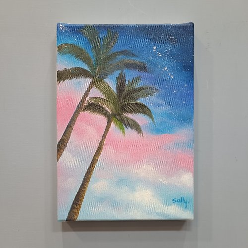 Sally Chao 星空椰子樹-油畫作品 展示品 教案樣本 換季出清 海洋油畫