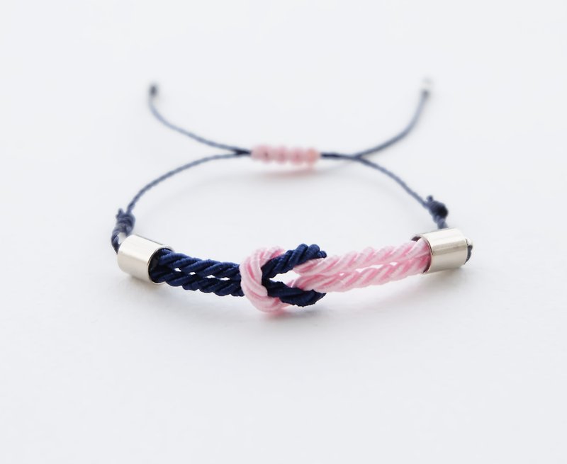 Tiny tie the knot rope bracelet in light pink / navy blue - สร้อยข้อมือ - เส้นใยสังเคราะห์ สึชมพู