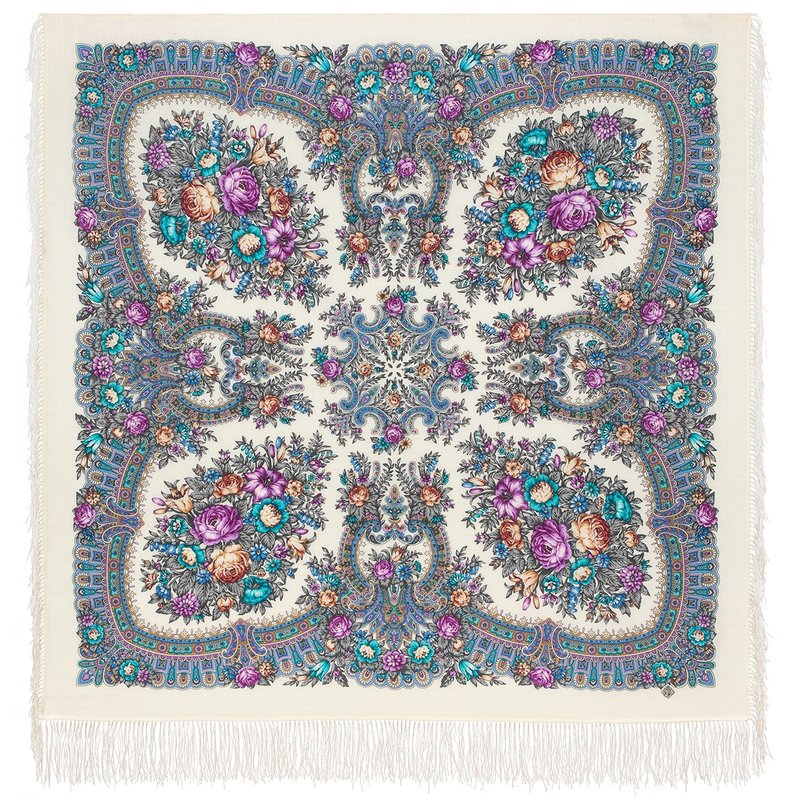 Pavlovo Posad Russian Shawl 100% Wool Scarf 125x125 cm Wrap Silk Fringe 1954-0 - 絲巾 - 羊毛 白色