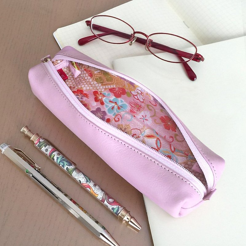 Leather pen case with Japanese Traditional pattern, Kimono - Brocade - Pencil Cases - Genuine Leather Pink