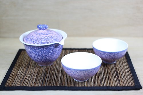 自然釉文創工作室 【我愛媽媽】粉紫結晶 蓋碗茶具組 一碗兩杯 名家葉敏祥作品
