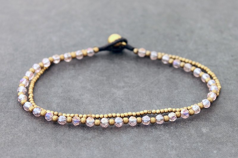 Pink Crystal Anklets Brass Strand Simple Cute Ankle Jewelry - กำไลข้อเท้า - ผ้าฝ้าย/ผ้าลินิน สึชมพู
