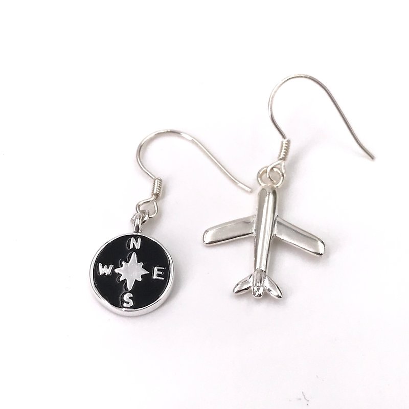 Plane with Compass Silver 925 Earrings - ต่างหู - โลหะ สีเงิน