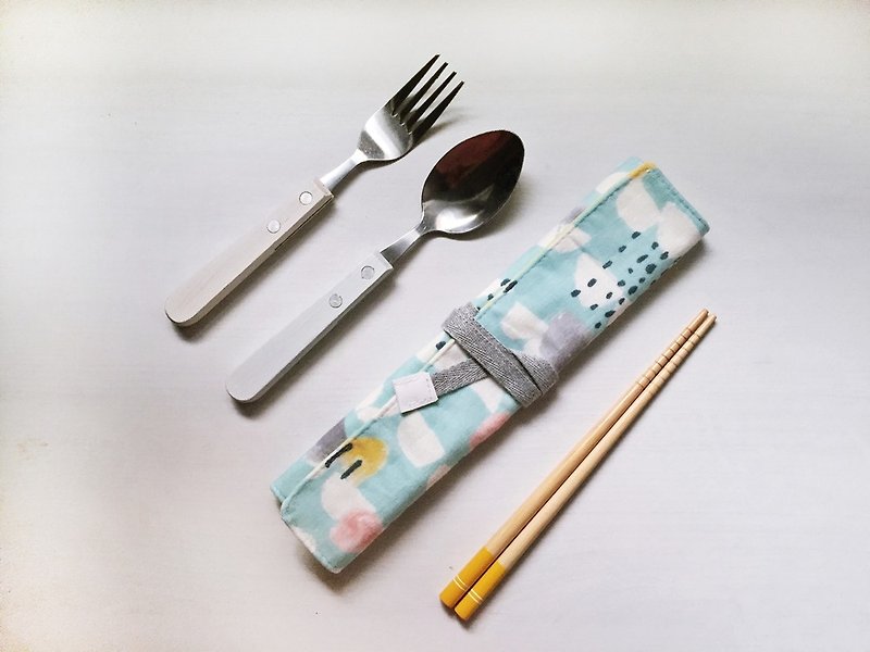 Hairmo blue green rendering green chopsticks set / cutlery bag / pencil case - ตะเกียบ - ผ้าฝ้าย/ผ้าลินิน สีน้ำเงิน