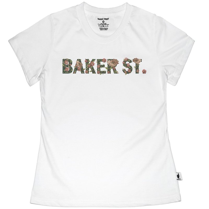 【英國 Baker Street 貝克街】女裝 - 純棉短袖T - 花繪文字A款 - T 恤 - 棉．麻 白色