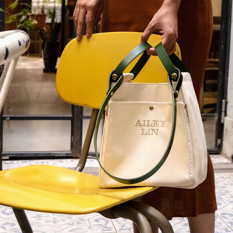 【客製化禮物】Yours刺繡手提肩背帆布包/綠(免費客製刺繡) - 側背包/斜孭袋 - 聚酯纖維 綠色