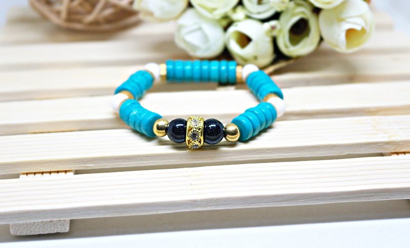 Natural stone x brass elastic bracelet _ blue sand bay  limit X1 - Bracelets - Gemstone Green