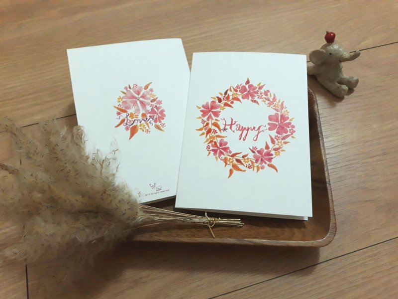 心花怒放水彩花圈卡片附牛皮信封粉紅一張45元 - 卡片/明信片 - 紙 粉紅色