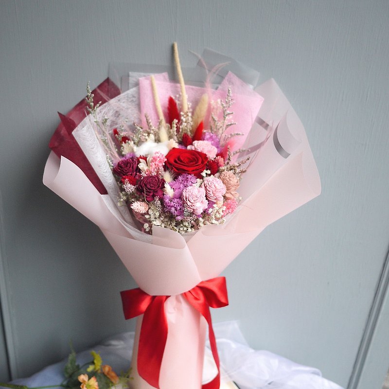 春分時光-不凋玫瑰 紅粉玫瑰乾燥大花束 (可站立) 母親節 - 乾花/永生花 - 植物．花 紅色