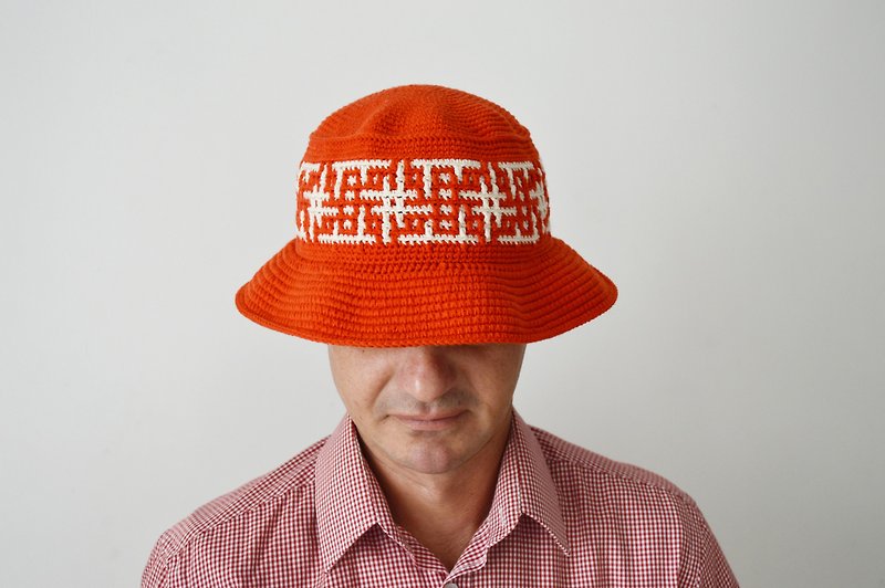 Custom crochet bucket hat women men hashtags print. Orang knit fisherman hat