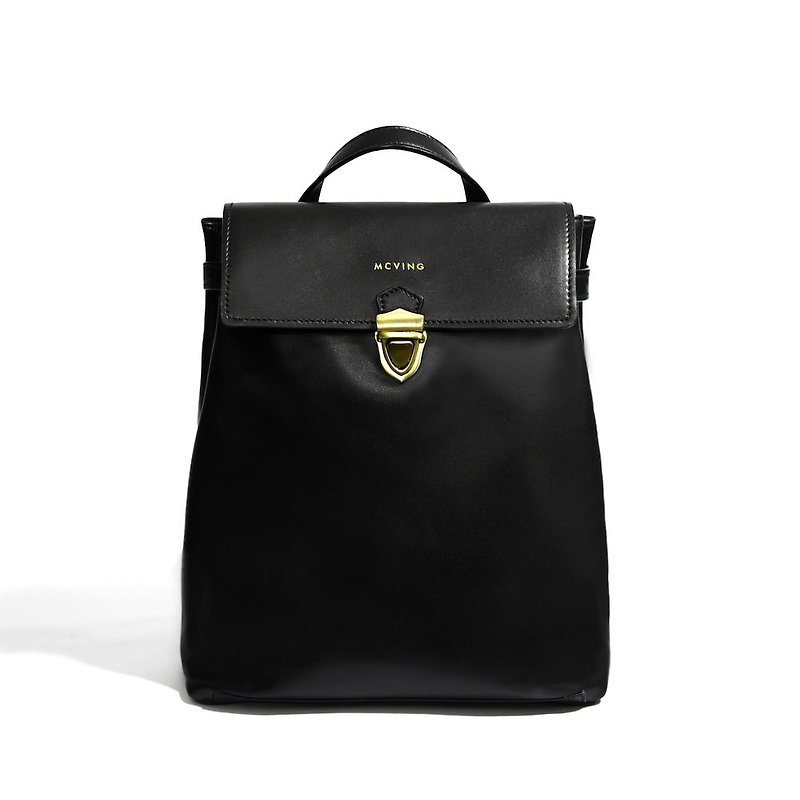 Black Italian leather V-style backpack-S - กระเป๋าเป้สะพายหลัง - หนังแท้ สีดำ