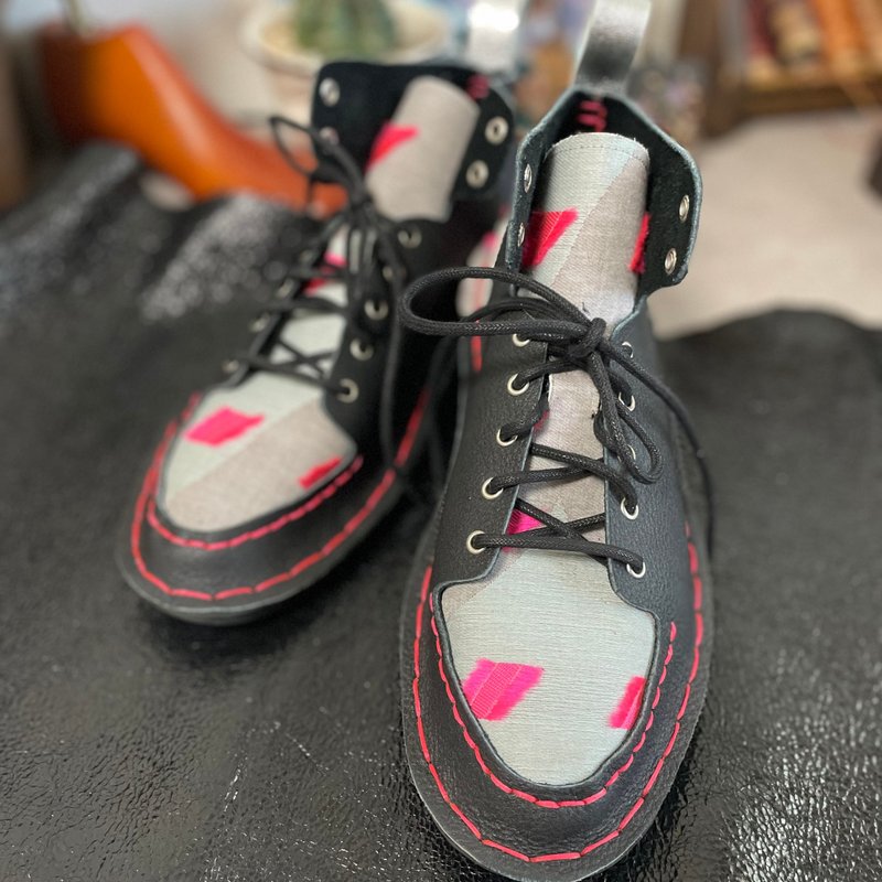 Japan Made 播州織　ブラック×ジャカード　ハイカットスニーカー - 女運動鞋/球鞋 - 真皮 粉紅色