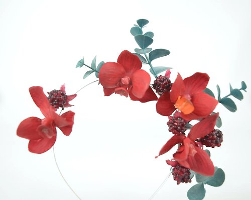 Elle Santos Crown Flower Headpiece in Red with Silk Flower Orchids, Berries Romantic Heart