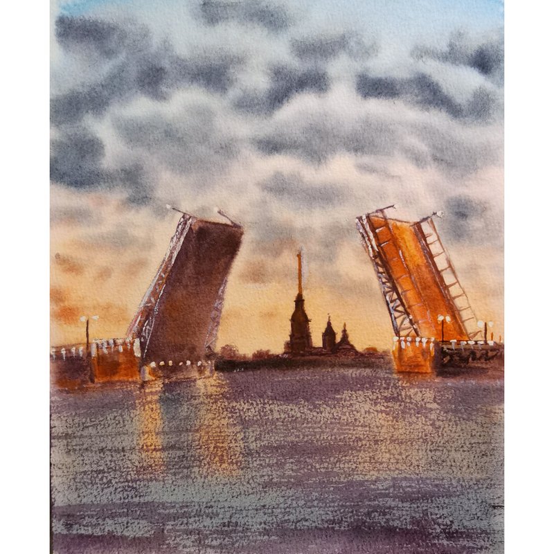 Saint Petersburg Painting Watercolor Original Sunset Cityscape Artwork - 海報/掛畫/掛布 - 紙 多色