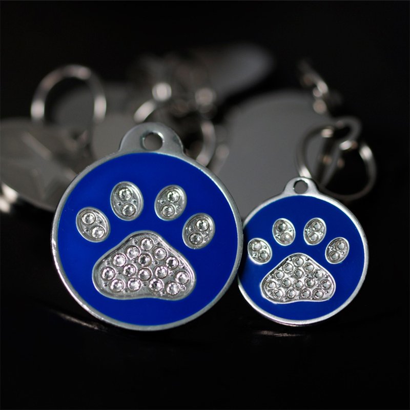 【Fulgor Jewel】富狗客製寵物吊牌 狗牌名牌 免費刻字 -晶鑽腳印 - 項圈/牽繩 - 鋁合金 藍色