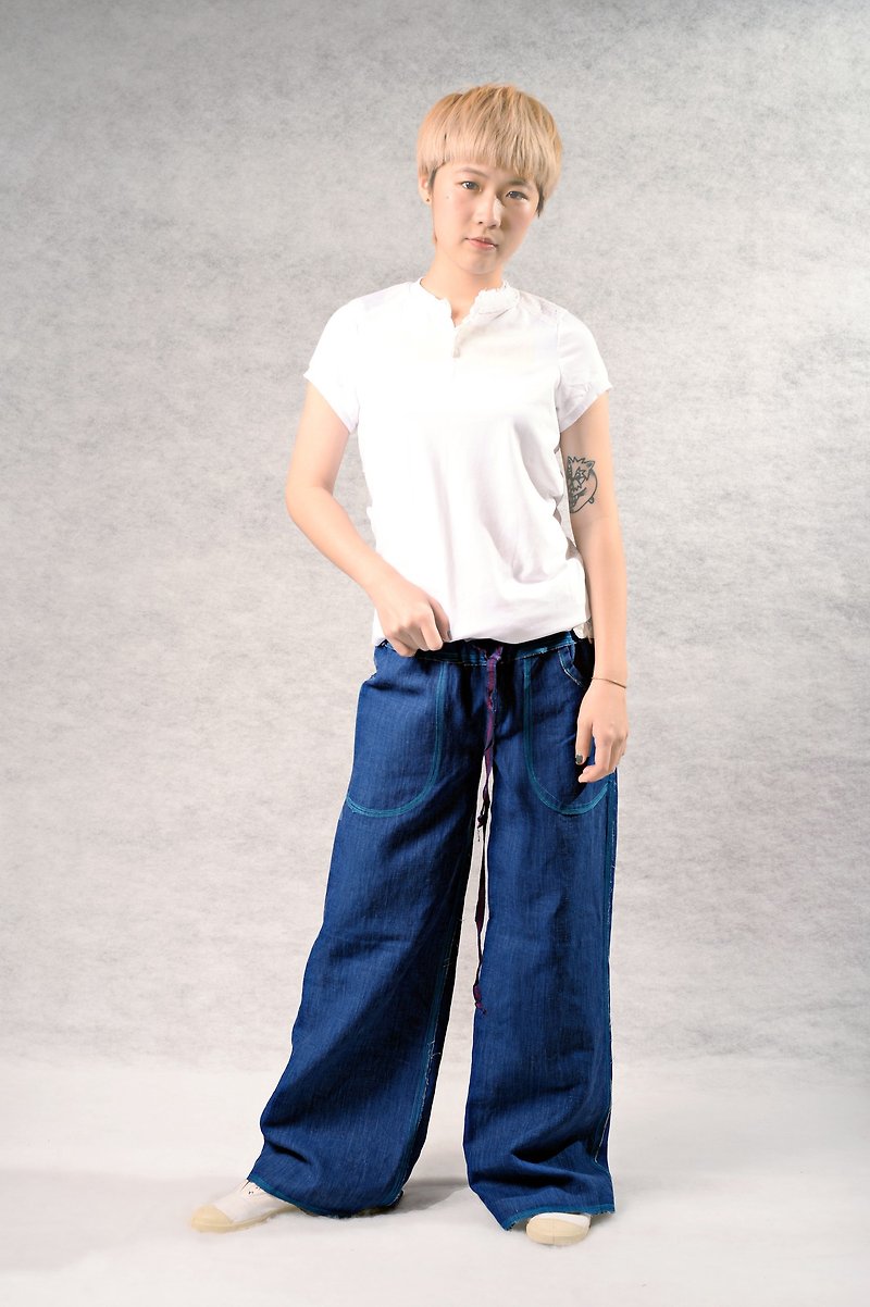 Jumping color line handsome wide pants - กางเกงขายาว - ผ้าฝ้าย/ผ้าลินิน สีน้ำเงิน