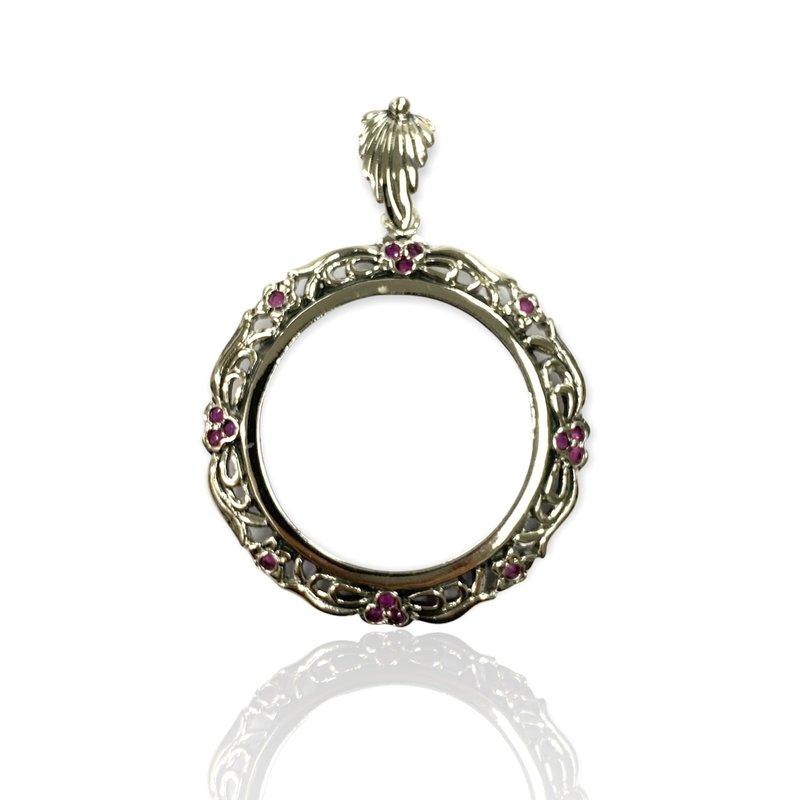 Art Nouveau Style Floral & Ruby Magnifying Glass Loop Pendant 925 SterlingSilver - 其他 - 純銀 銀色