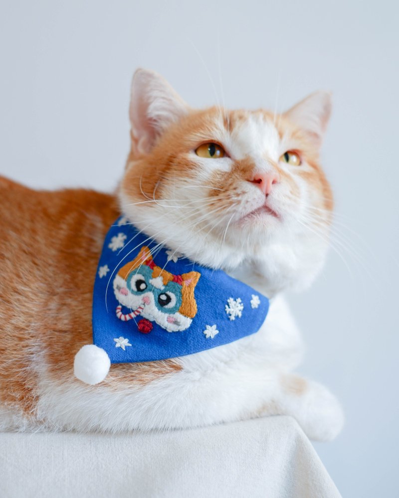 2 pieces Christmas bandana set for cat and small dog,Hand -embroidered - 項圈/牽繩 - 棉．麻 藍色