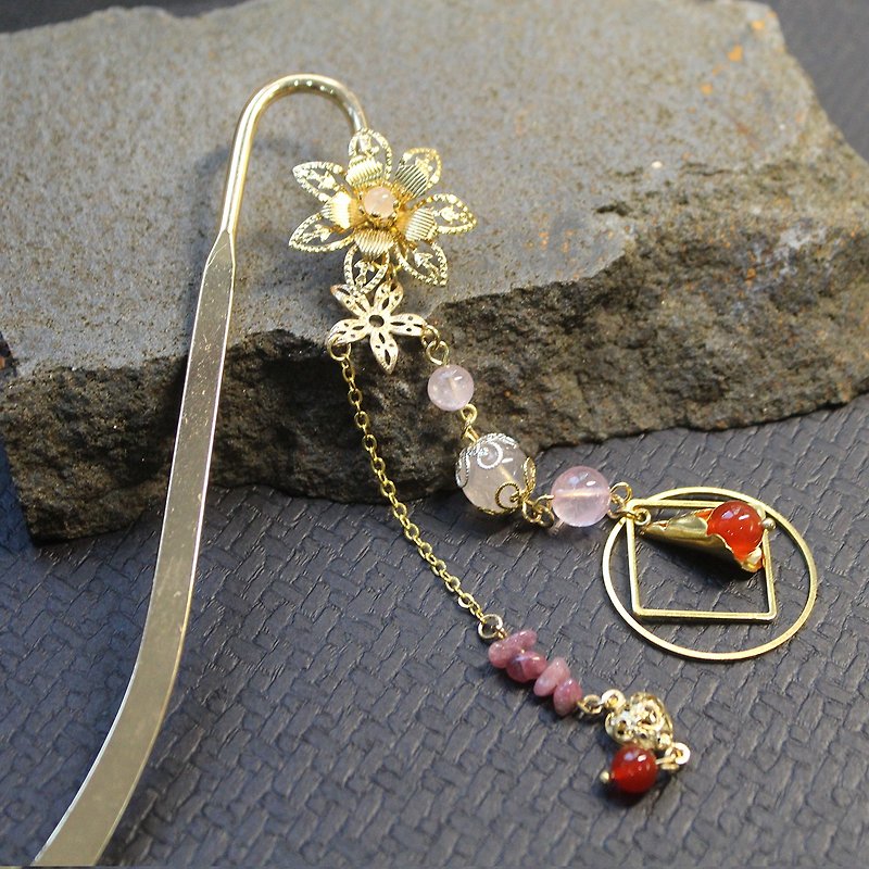 [Tibetan] Pieces of Jade Lake Osmanthus | rose quartz red Manao Bi Yuxi | copper-plated 18K gold | hand-made bookmark Bob, Chinese antiquity jewelry - เครื่องประดับผม - โลหะ สีทอง