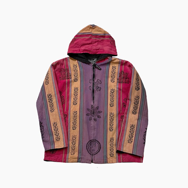 Vintage Nepal Block Print Hoodie Nepalese line hand-printed hooded jacket - เสื้อโค้ทผู้ชาย - ผ้าฝ้าย/ผ้าลินิน หลากหลายสี