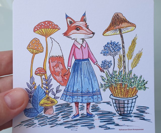 キツネのポストカード 秋の動物 面白いコレクションアートカード 子供