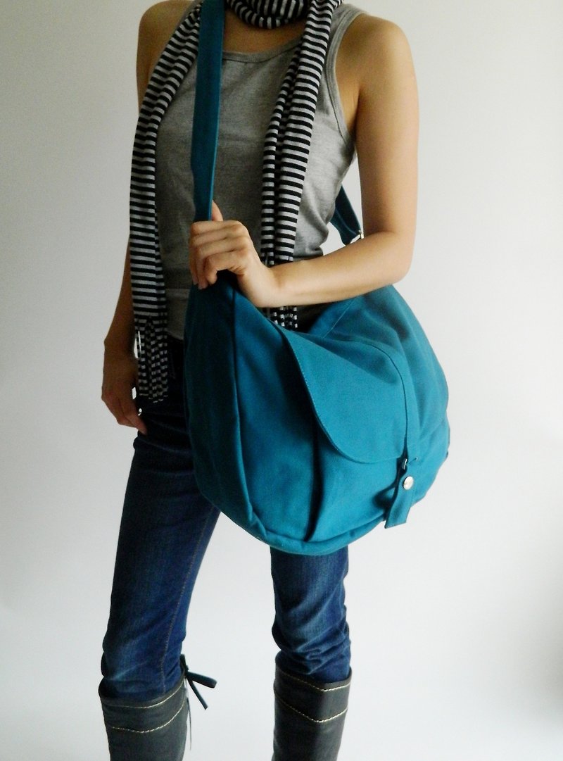 Messenger cross body shoulder bag  sling bag -  Kylie in Teal (no.12) - กระเป๋าแมสเซนเจอร์ - ผ้าฝ้าย/ผ้าลินิน สีน้ำเงิน