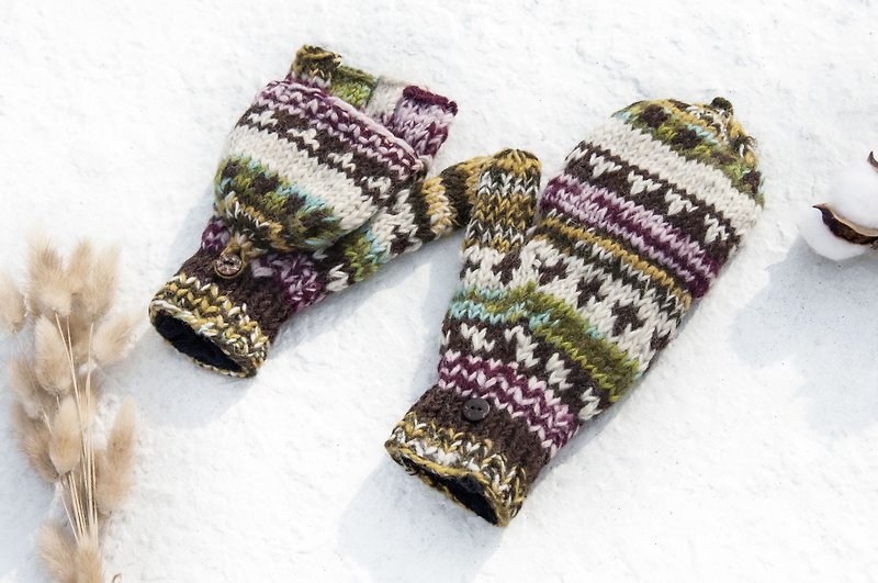 Hand-knitted pure wool knit gloves / detachable gloves / inner bristled gloves / warm gloves - lam wine - ถุงมือ - ขนแกะ หลากหลายสี
