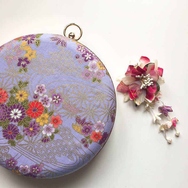 日式燙金紫調小圓包 - 可手拿/ 斜揹兩用 - 側背包/斜背包 - 棉．麻 紫色