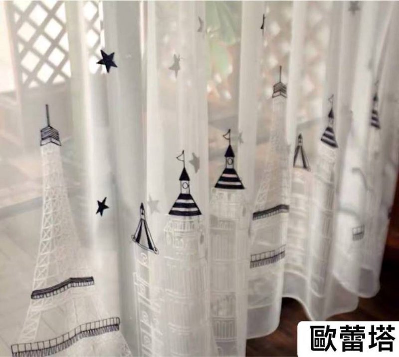 Oretta Living Groceries-Blue Paris Tower Gauze Curtain - Items for Display - Thread White