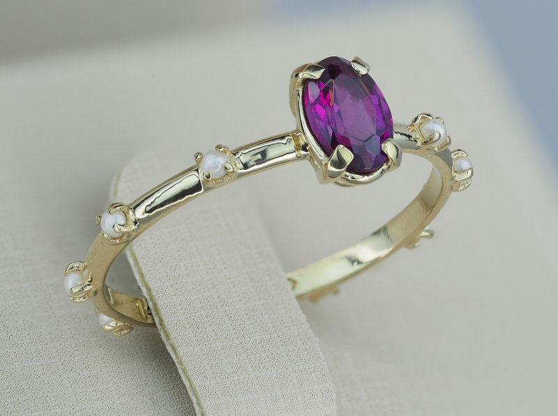 14k gold Ring with garnet and pearls - 戒指 - 貴金屬 金色