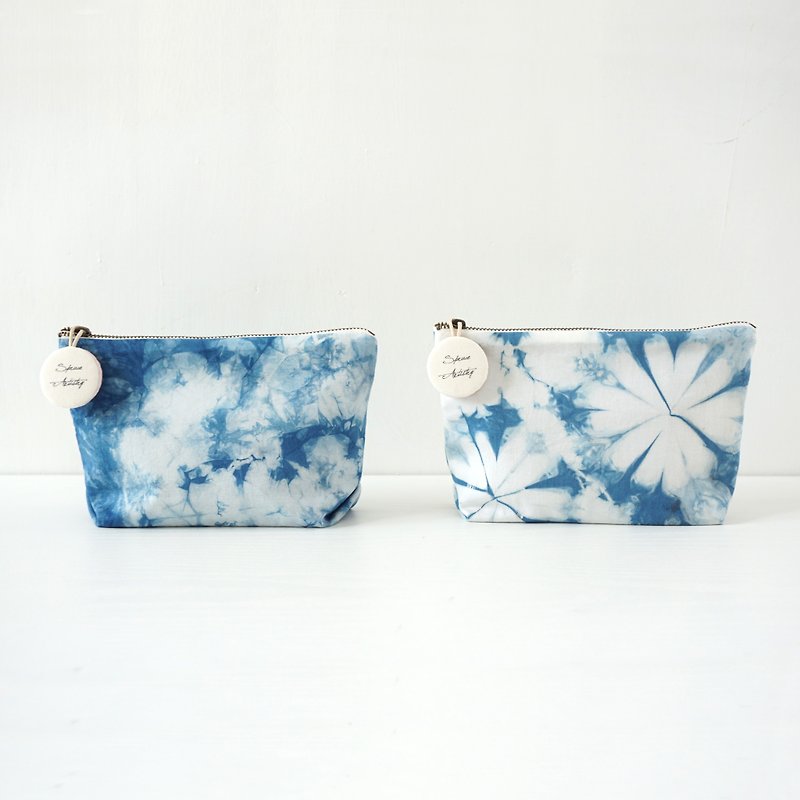 S.A x Sky/ Spring, Indigo dyed Handmade Natural Pattern Cosmetic Case - Toiletry Bags & Pouches - Cotton & Hemp Blue