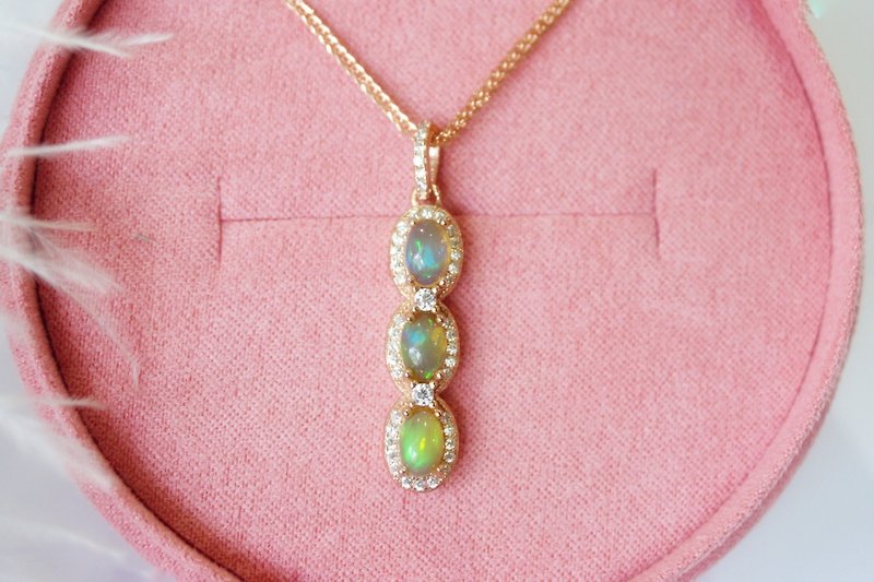 Natural Opal Pendant and Necklace Sterling Silver 925 with rosegold plated. - Necklaces - Sterling Silver Multicolor