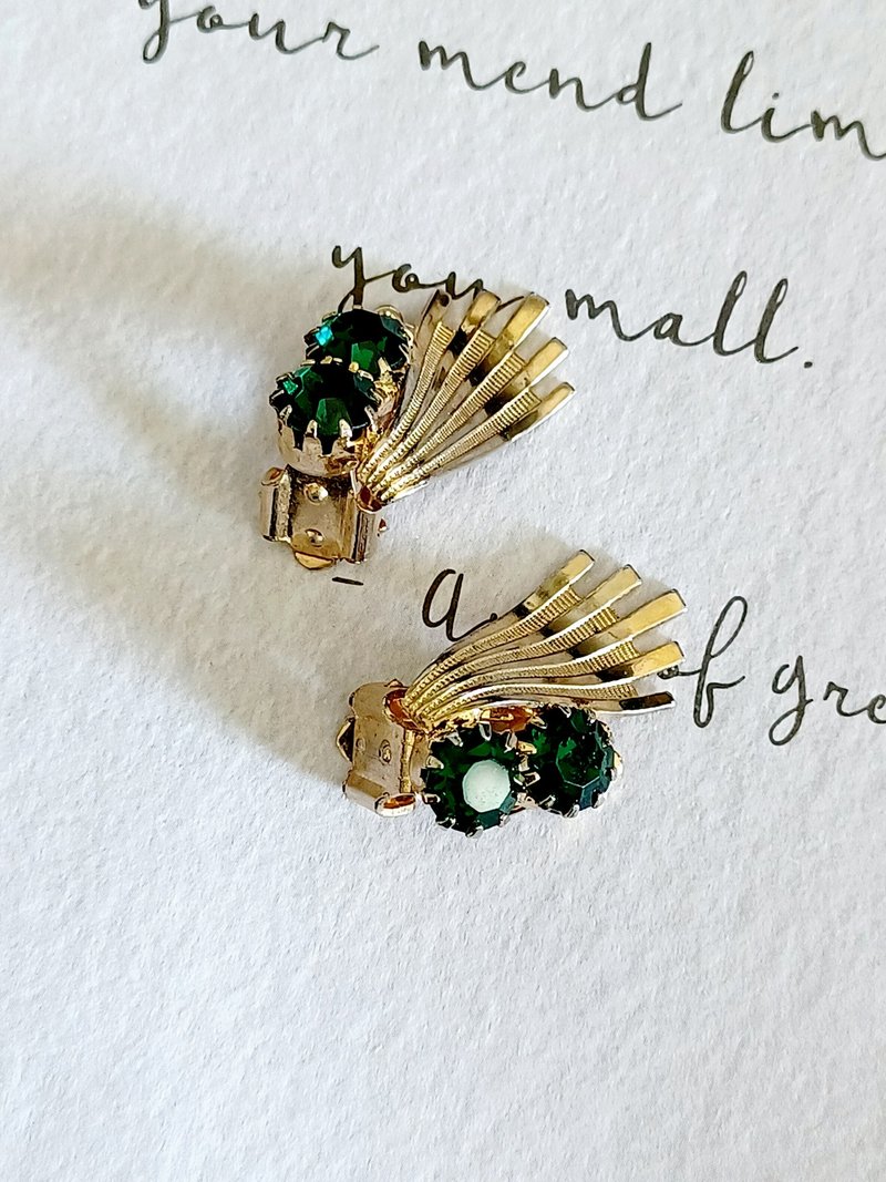 vintage jewelry  金色風琴紋單色萊茵鑽 夾式耳環 - 耳環/耳夾/耳骨夾 - 其他金屬 