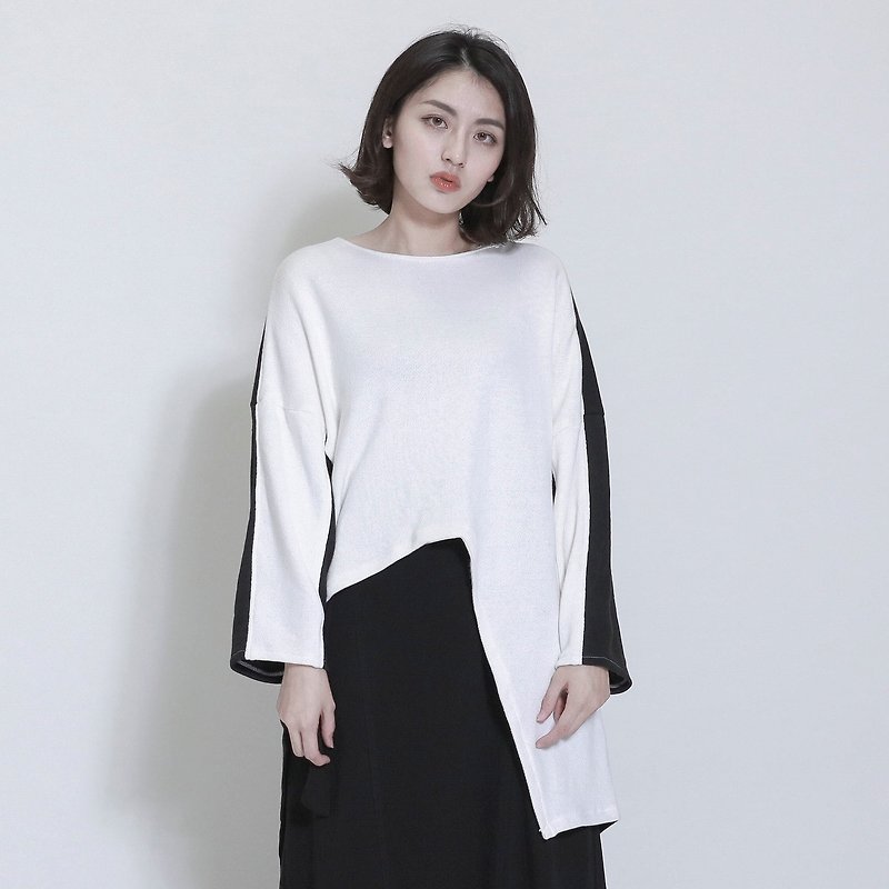 Plate Asymmetrical Panel Top_7AF010_Black / White - เสื้อผู้หญิง - ผ้าฝ้าย/ผ้าลินิน ขาว