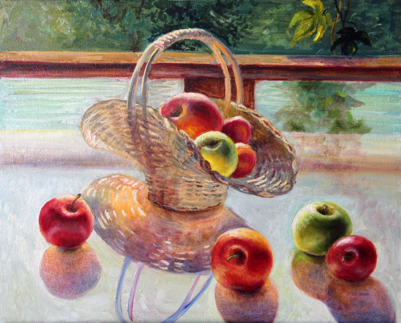 Apple painting Original Art Fruit Still life Artwork  Food Art scenery art - 壁貼/牆壁裝飾 - 其他材質 多色