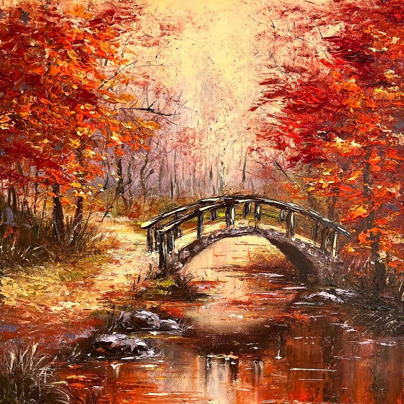 Bridge Painting Landscape Art Original Artwork 50x50 cm/ 20x20 inch - 海報/掛畫/掛布 - 棉．麻 多色