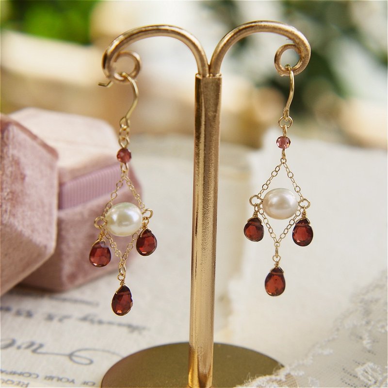 Original | velvet roses natural Stone water droplets retro baroque pearl 14k gold earrings ear clip package - ต่างหู - ไข่มุก สีแดง