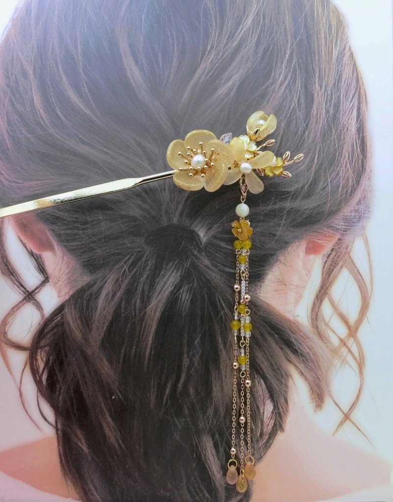 Lemon Handmade Hair Accessories Czech Etched Sprinkle Gold Flower Hairpin (Tasse - เครื่องประดับผม - กระจกลาย สีทอง