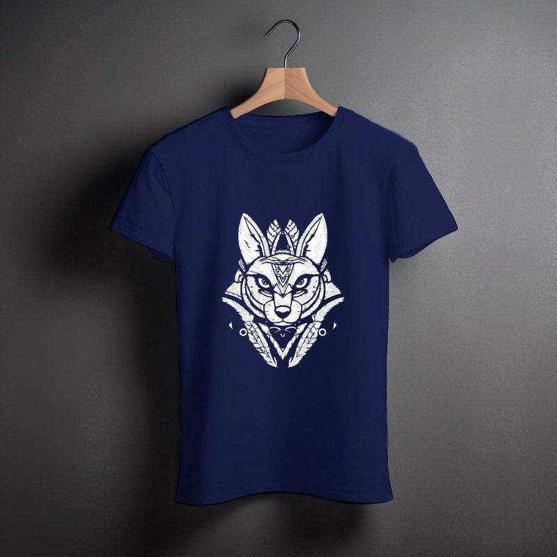 Wild Soul Totem T-Shirt Snow Fox (Blue) - เสื้อยืดผู้หญิง - ผ้าฝ้าย/ผ้าลินิน สีน้ำเงิน